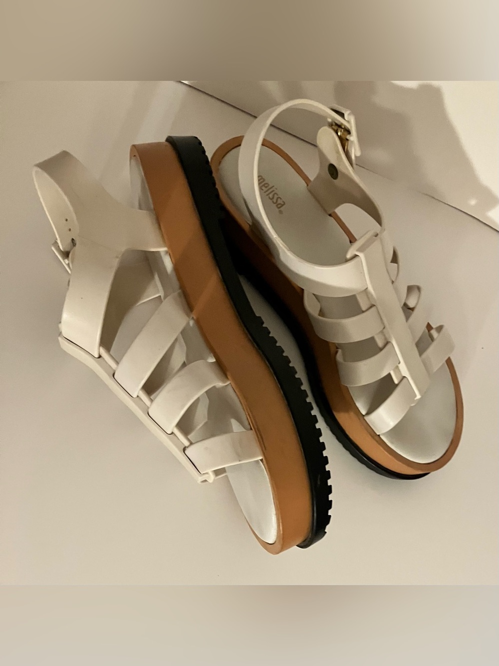 Melissa White Strappy Platform Sandals with Brown Midsole